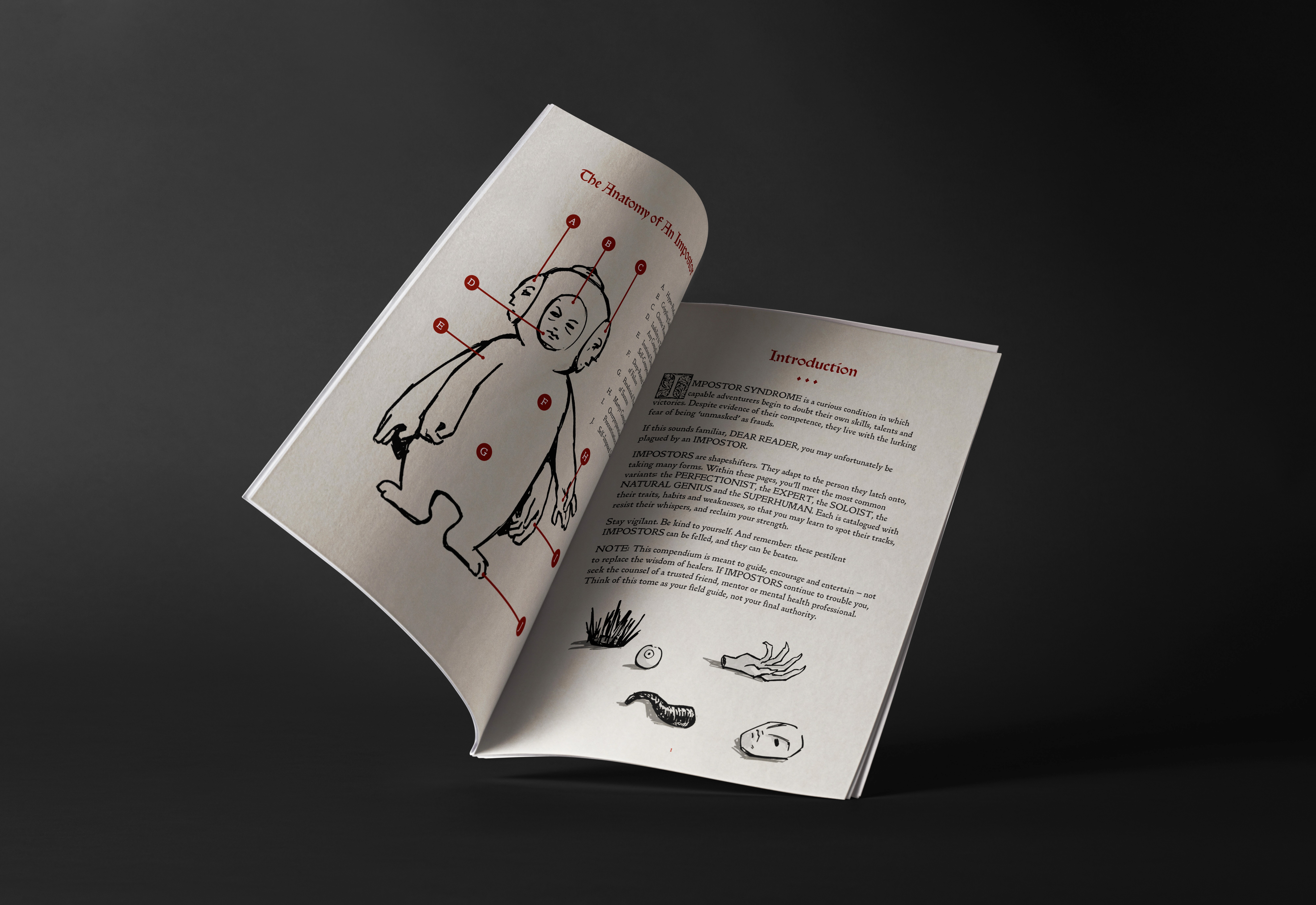 zine mockup with medical anatomical drawing style illustration of fantastical creature
