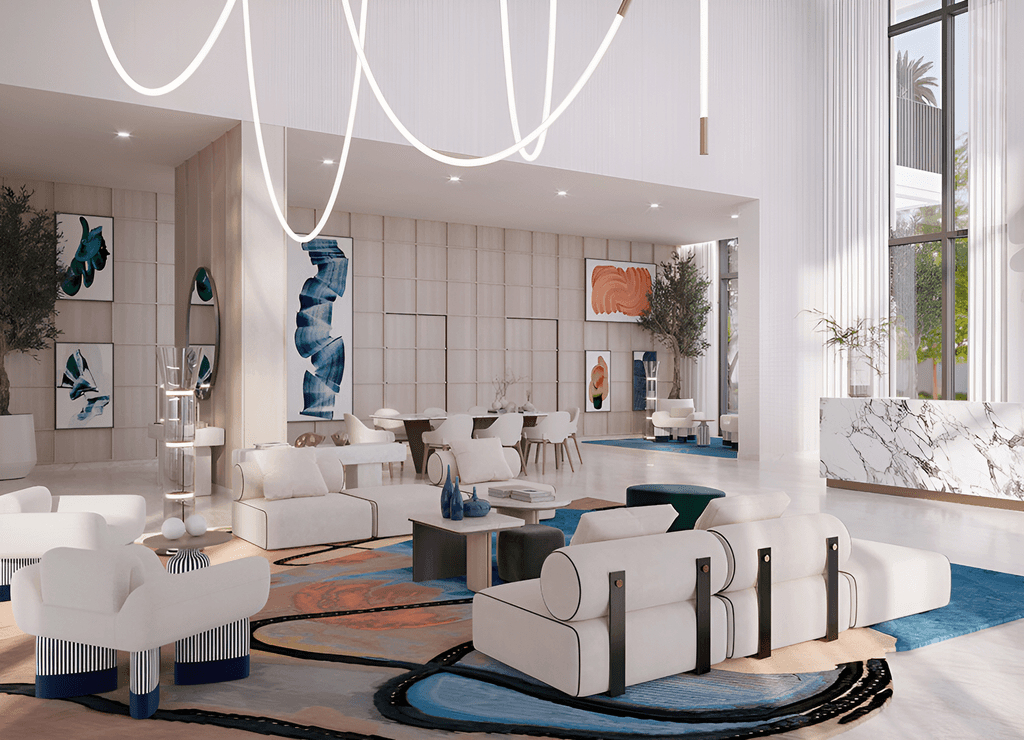 Stylish room at Parkland: white studio couch, coffee table, natural light, art, vase. Modern, inviting atmosphere.