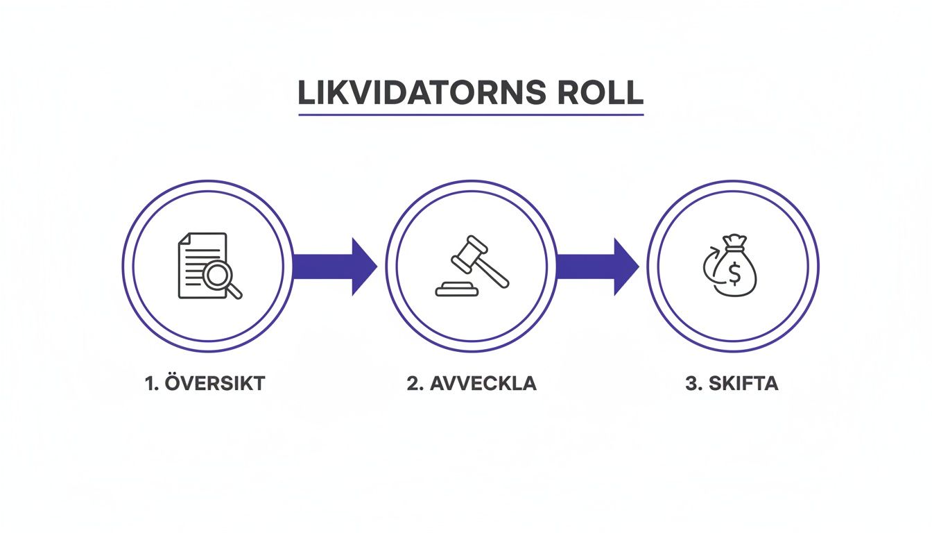 En illustration som visar likvidatorns roll i tre steg: översikt, avveckla och skifta.