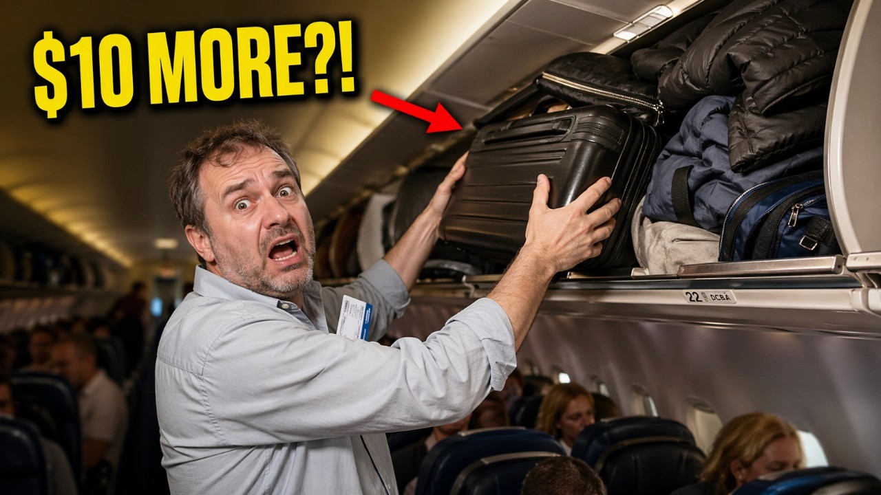 Thumbnail for the No Tourists Allowed podcast episode with a man on a plane holding up luggae and the caption "$10 more?!" above him, indicating the rising costs of airline luggage fees