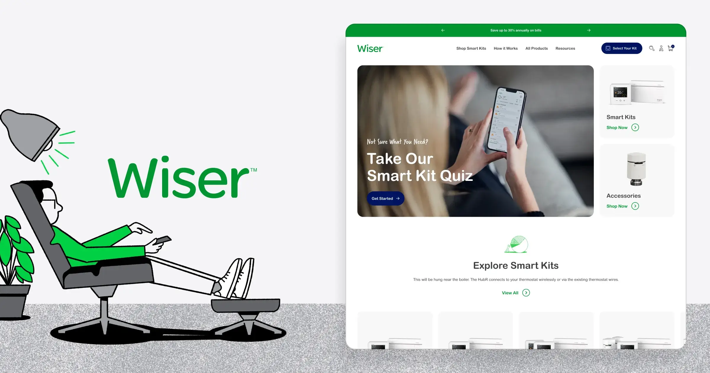 Wiser smart home interface showing home page with clean, minimal product photography, and an illustrated background of a man using the smart home app on his phone.