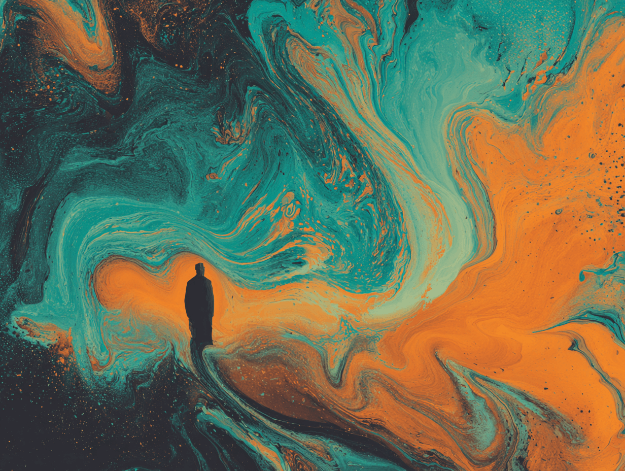 A silhouette of a person standing amidst vibrant swirling colors of teal and orange.