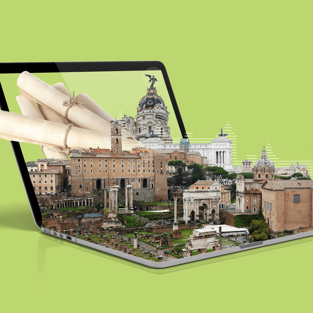 Ordenador portátil mostrando arquitectura histórica y monumentos emblemáticos.