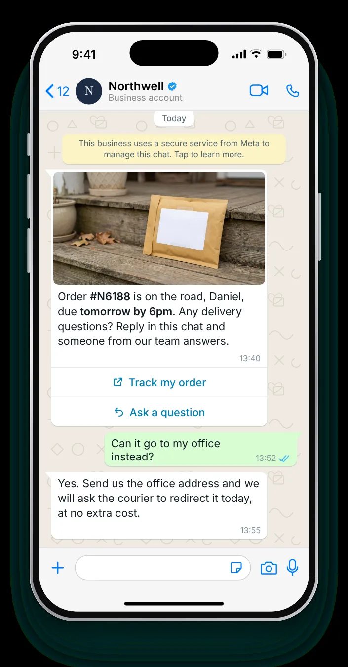 Delivery questions, handled by reply: WhatsApp shipping update on an iPhone