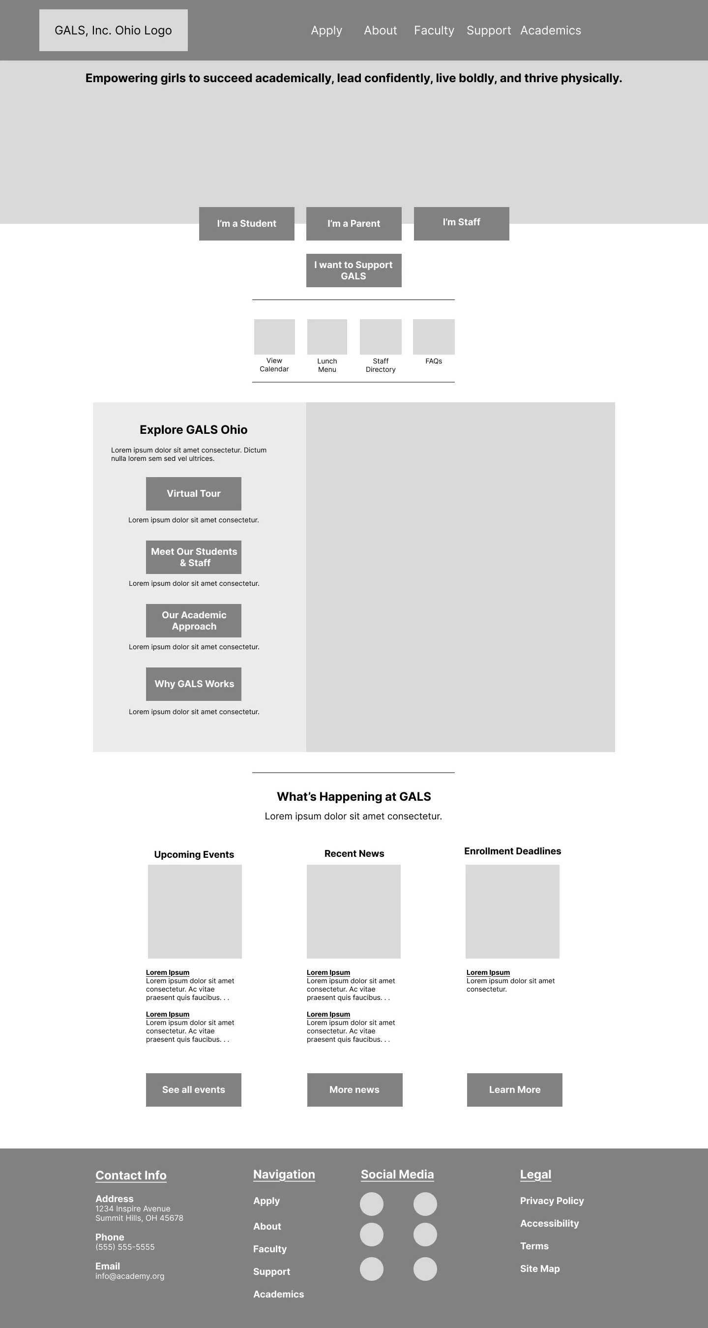 Series of low-fidelity wireframes testing layout structure and enrollment-focused hierarchy.