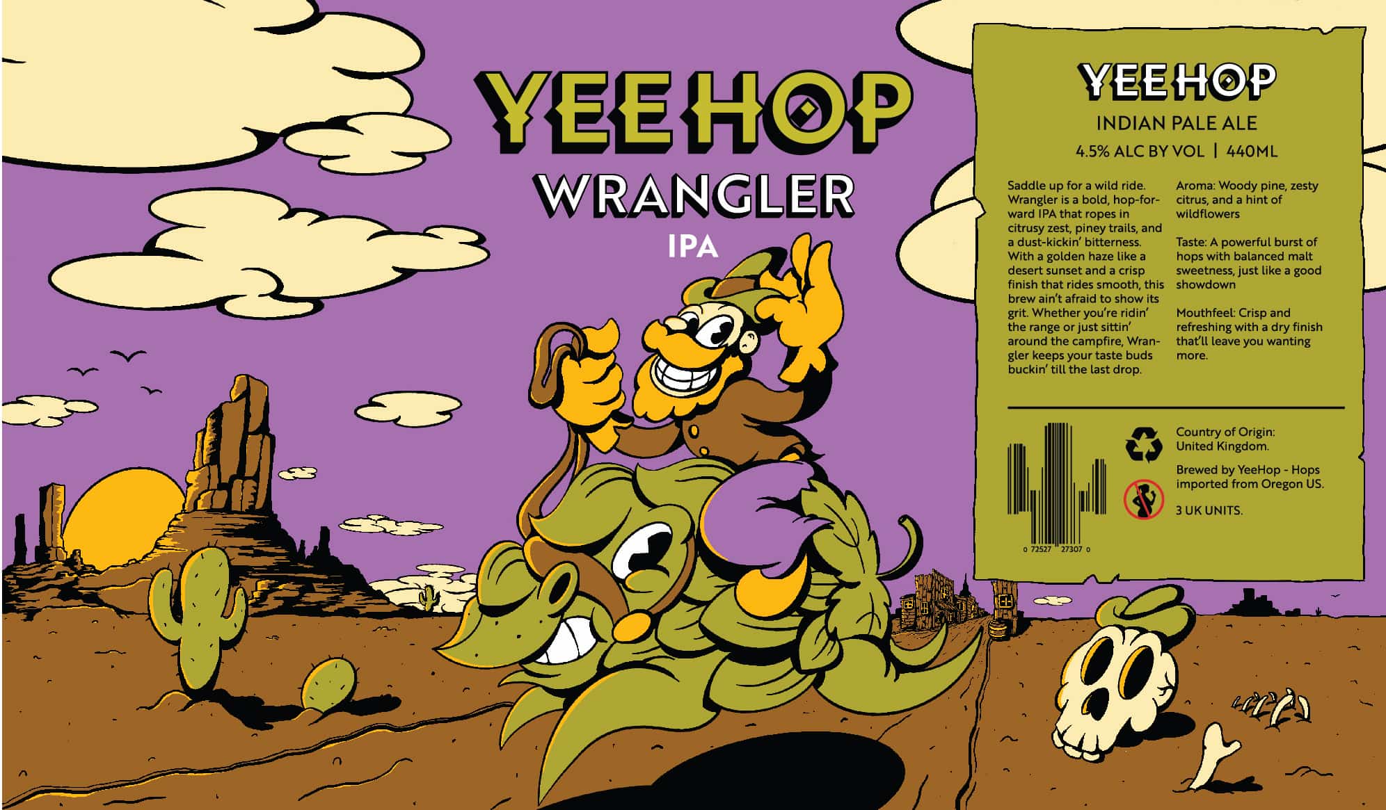 YeeHop Wrangler IPA label artwork, featuring playful rubber-hose–style artwork of a Wild West cowboy riding a creature shaped like a hop.