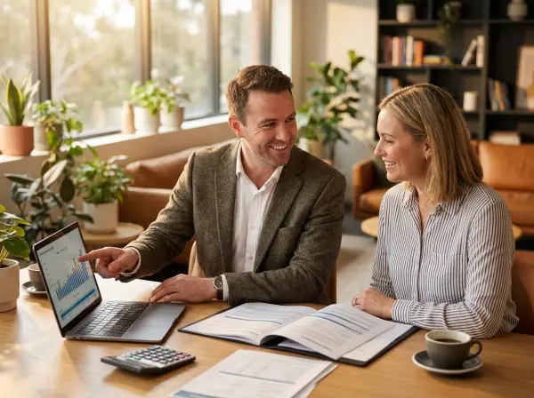 Middle-aged couple reviewing home finance documents in their kitchen
