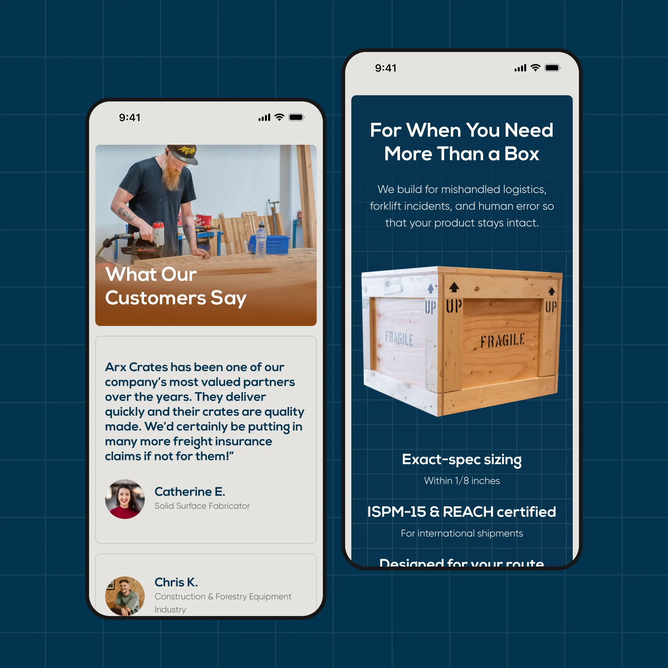 Arx Crates website on mobile showing customer testimonials and crate specifications