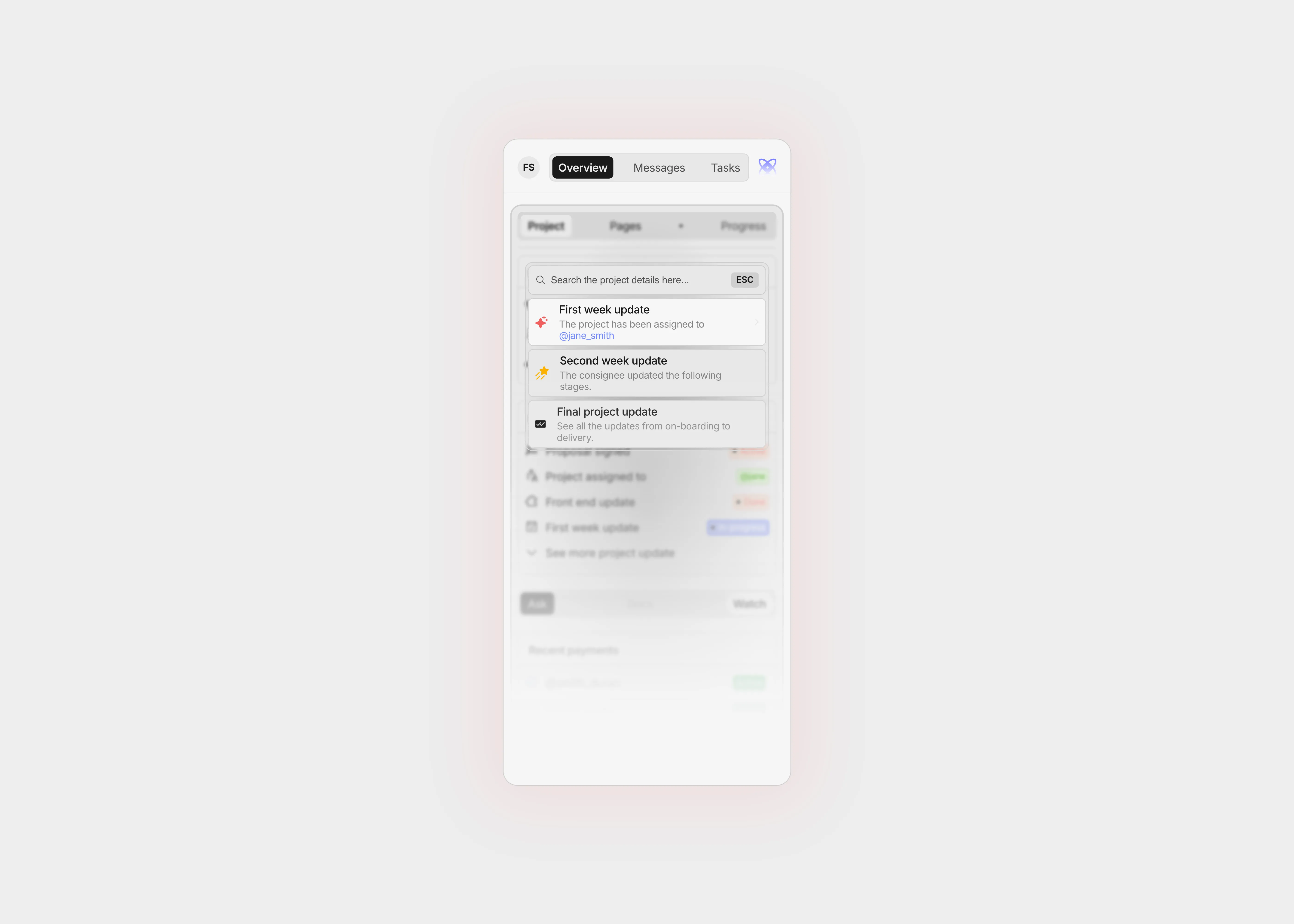 A light themed dashboard with a dialogue box having a blurred background for phone screens.
