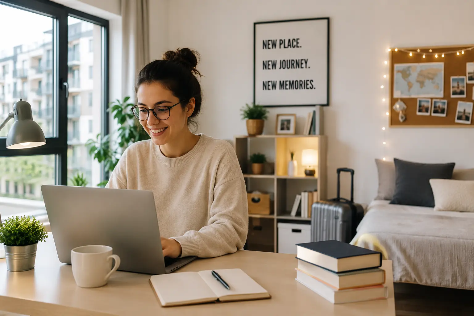 International student working on a laptop in a modern apartment while searching for student accommodation abroad