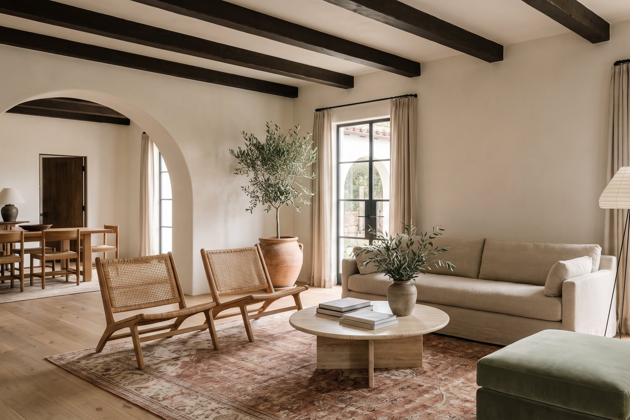 Riviera house living room with cane lounge chairs, a travertine table and steel doors to the garden