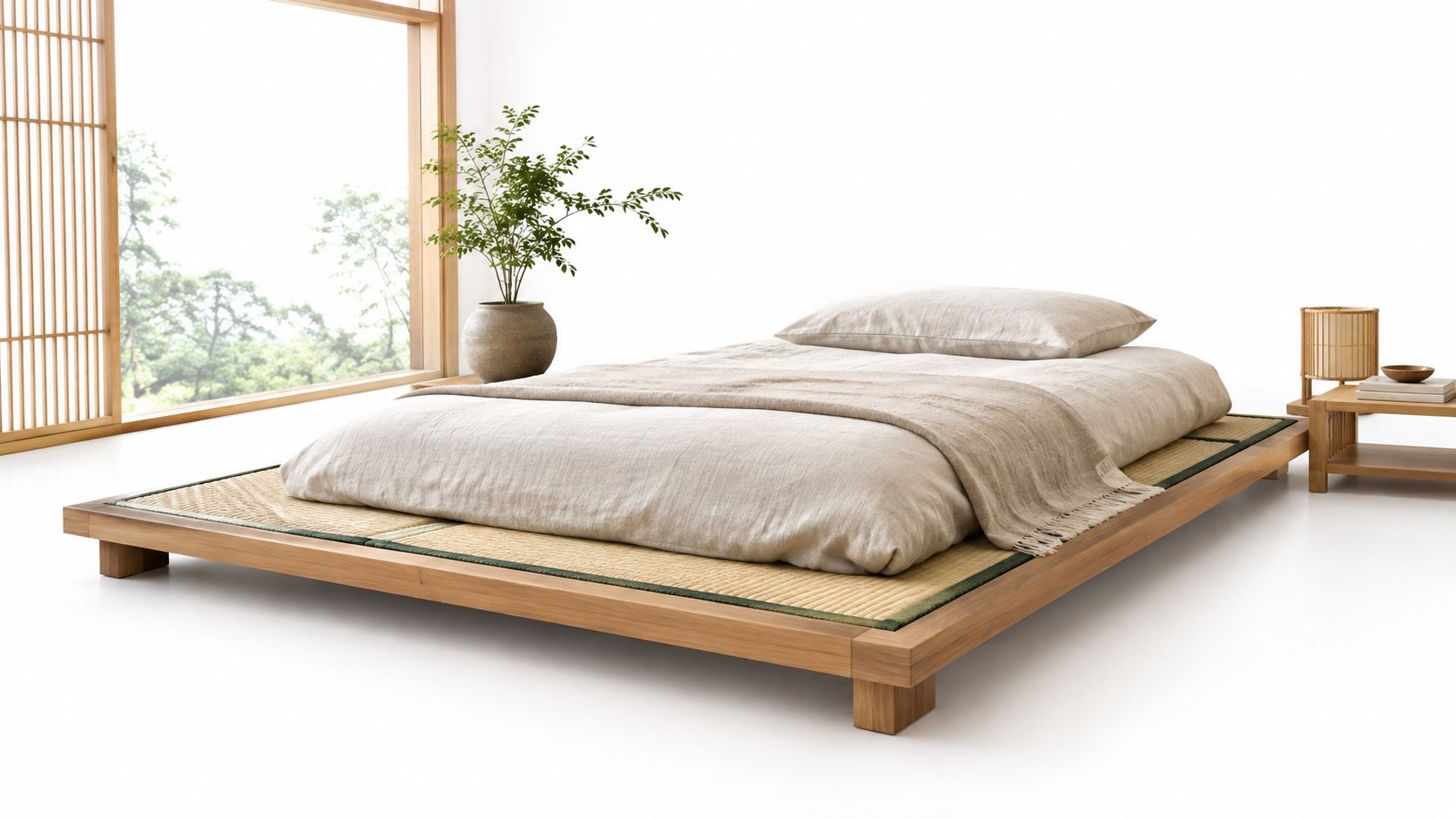 A minimalist Japanese-style wooden platform bed with a futon mattress on a tatami mat floor.