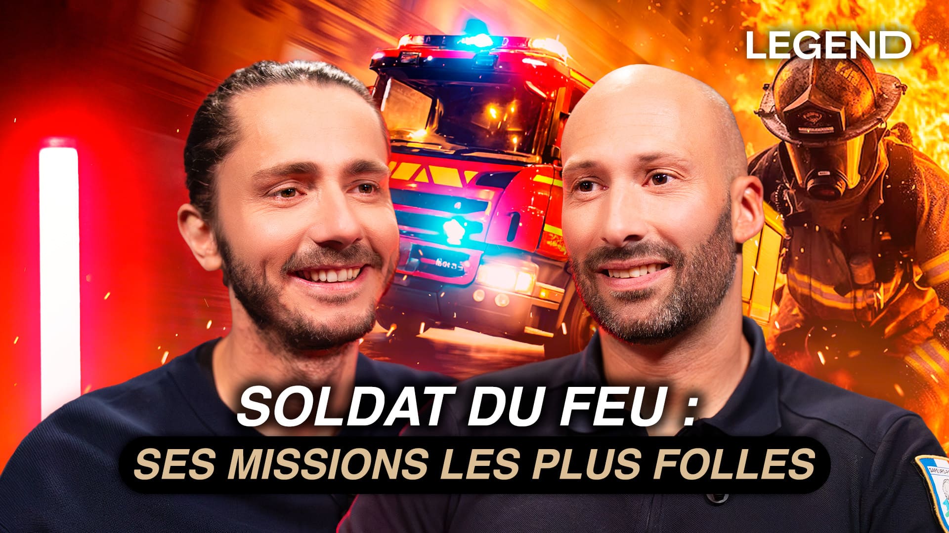 Miniature YouTube dynamique pour le média Legend, titrée 'SOLDAT DU FEU : SES MISSIONS LES PLUS FOLLES'. La composition met en scène Guillaume Pley (à gauche, souriant) et un invité (à droite, le pompier, également souriant) sur un arrière-plan illustrant l'action : un camion de pompiers rouge et un pompier en action au milieu des flammes. Le titre est en majuscules blanches et jaunes pour un impact maximal. Ce visuel illustre le travail de direction artistique et de graphisme de Nux-Studio pour des miniatures YouTube (thumbnails) à fort engagement, ciblant des interviews sur des professions, des missions incroyables et des récits héroïques.
