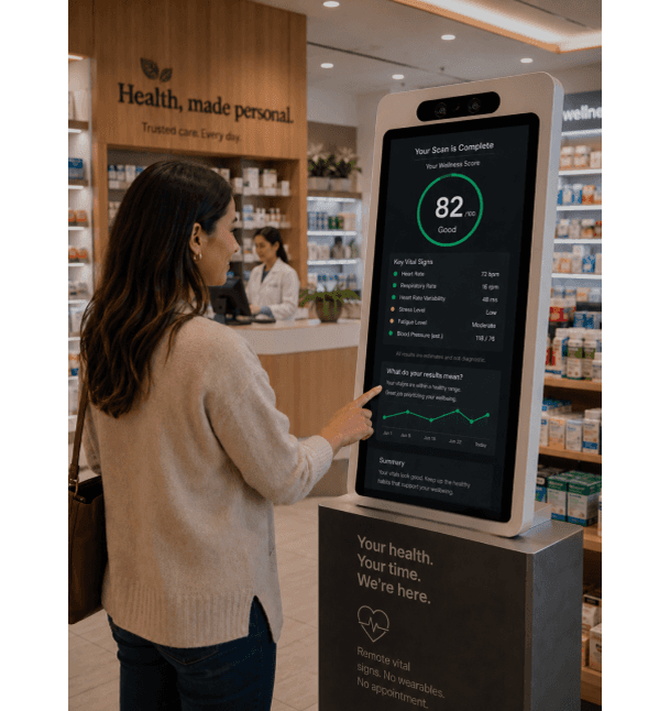 woman conducting a remote biometrics scan with a kiosk