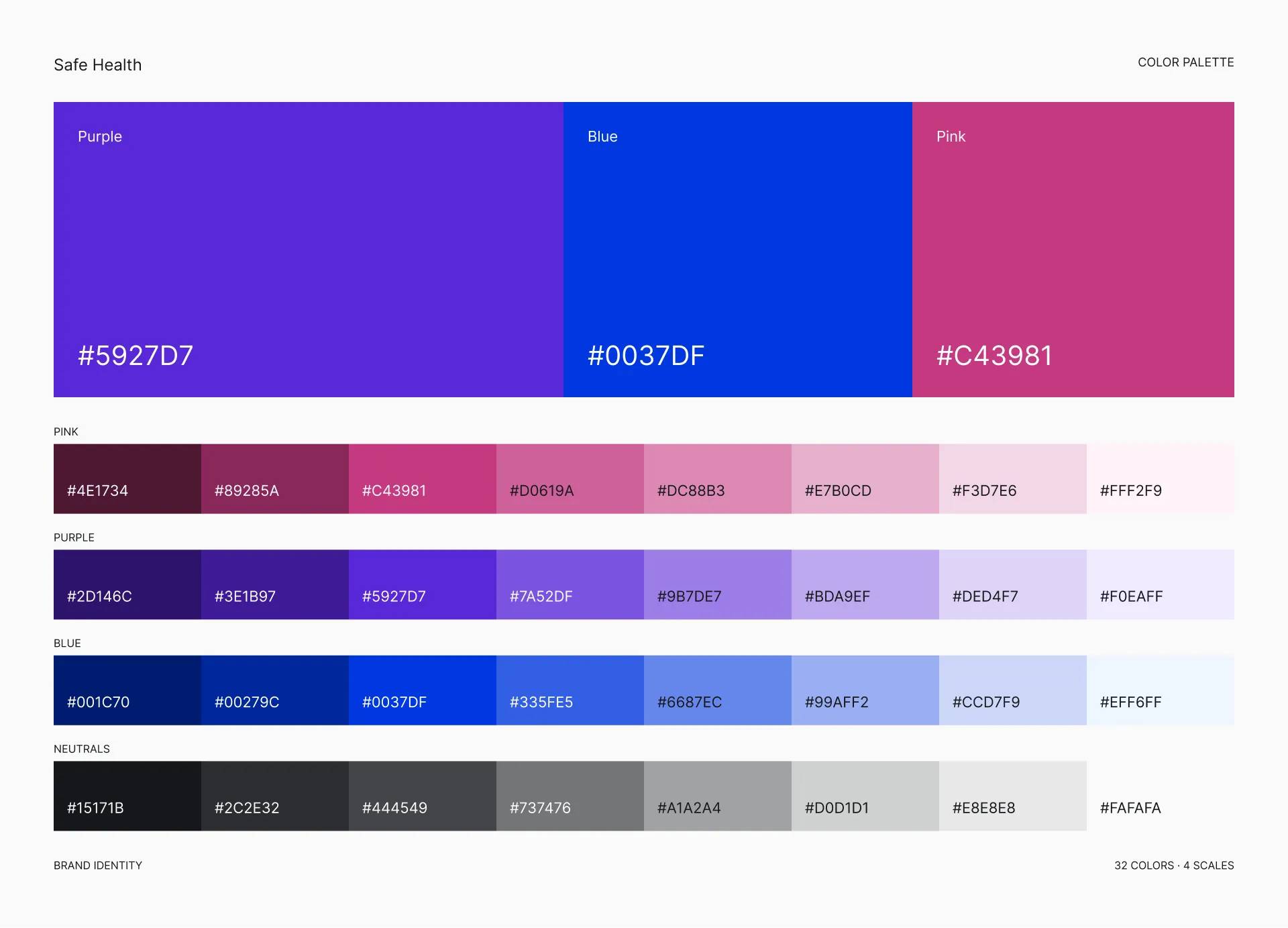 Safe Health brand palette with purple, blue, pink, and neutral color scales.