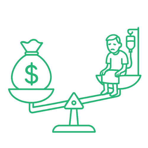 Line art illustration of heavy money bag on lower side of balance scale, a sad patient sits on higher side