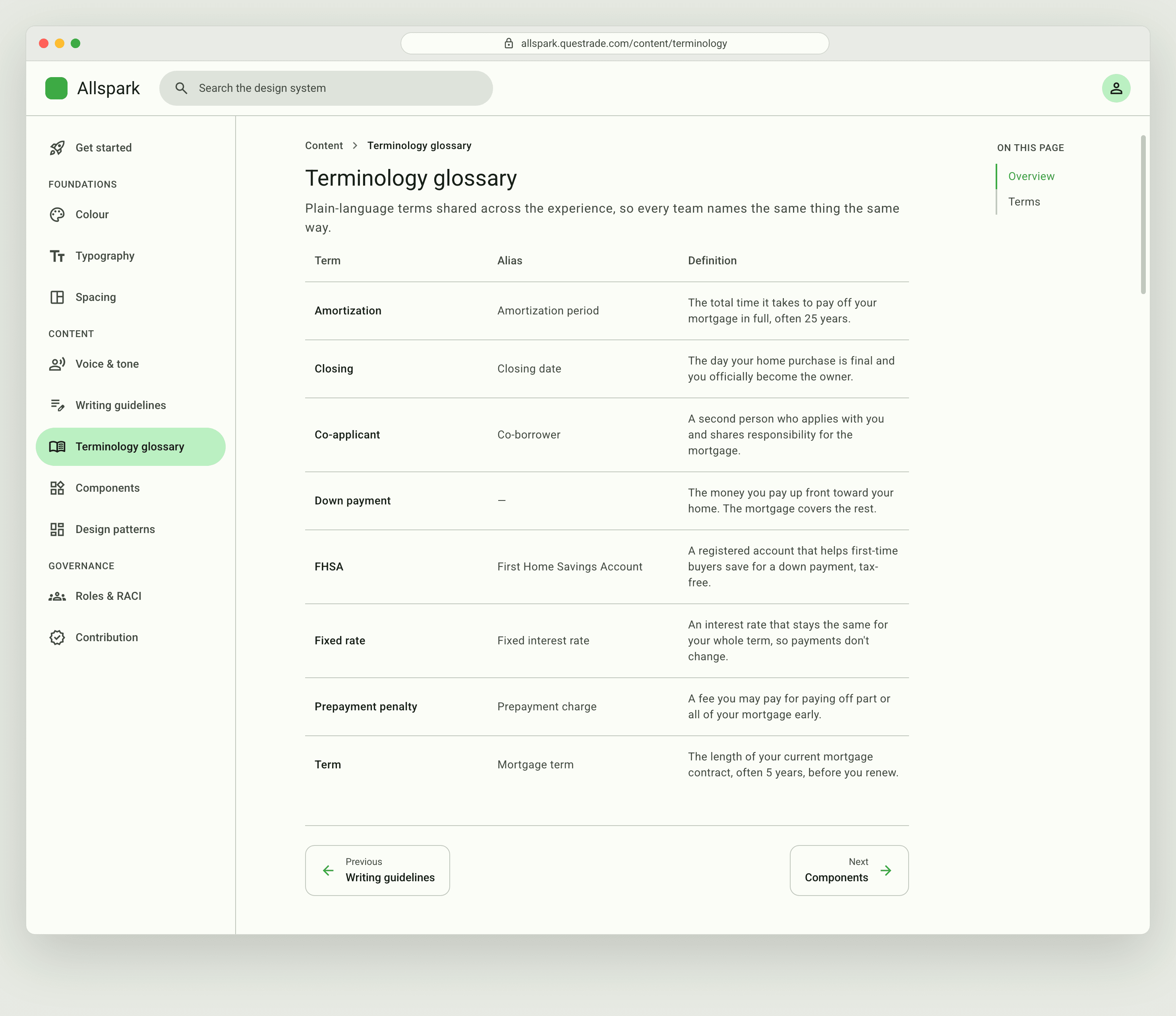 Terminology glossary