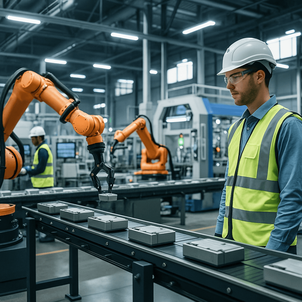 Engineer overseeing robotic arms using manufacturing ERP system.