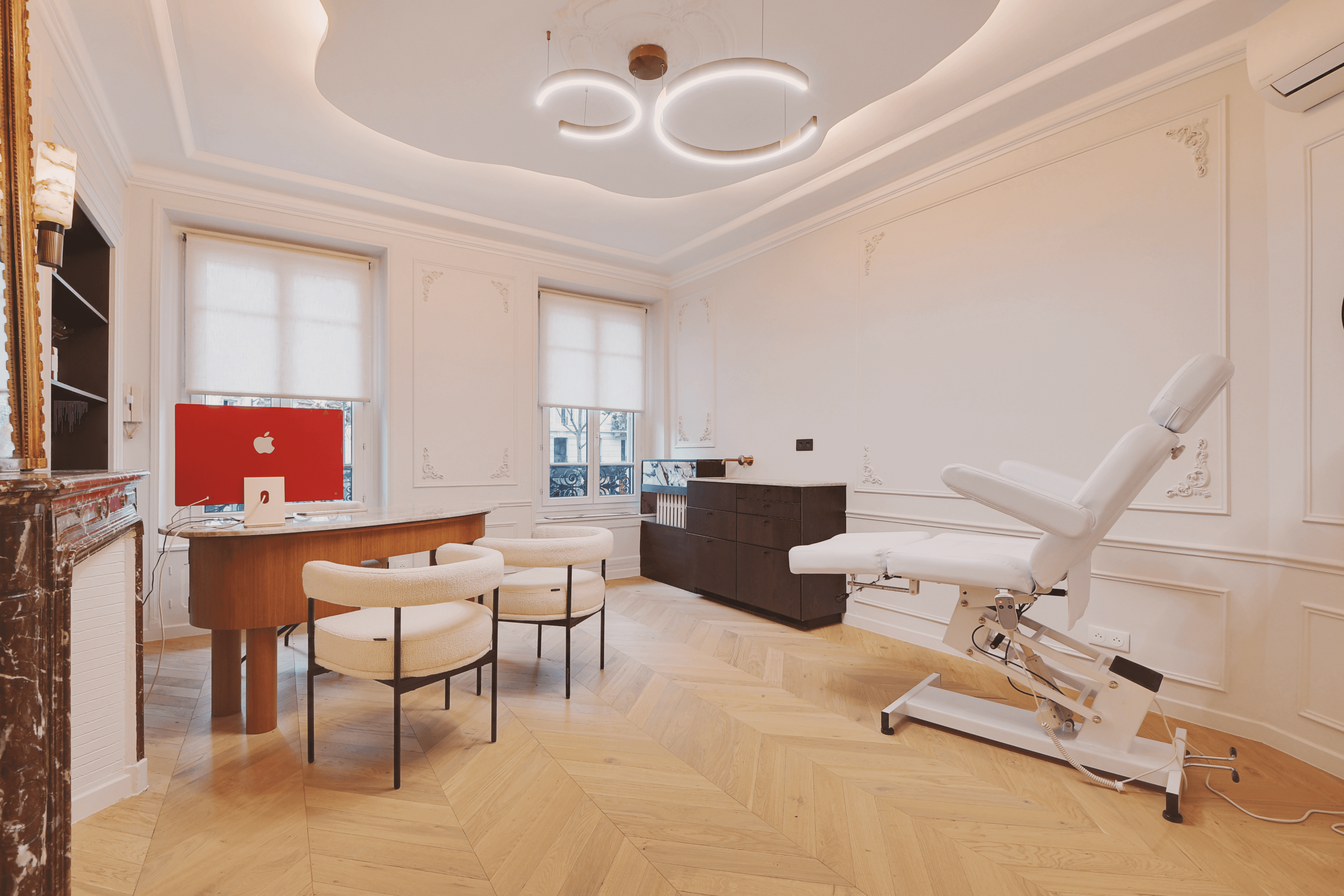 Portrait of a woman with long red hair gently touching her face, looking into the camera