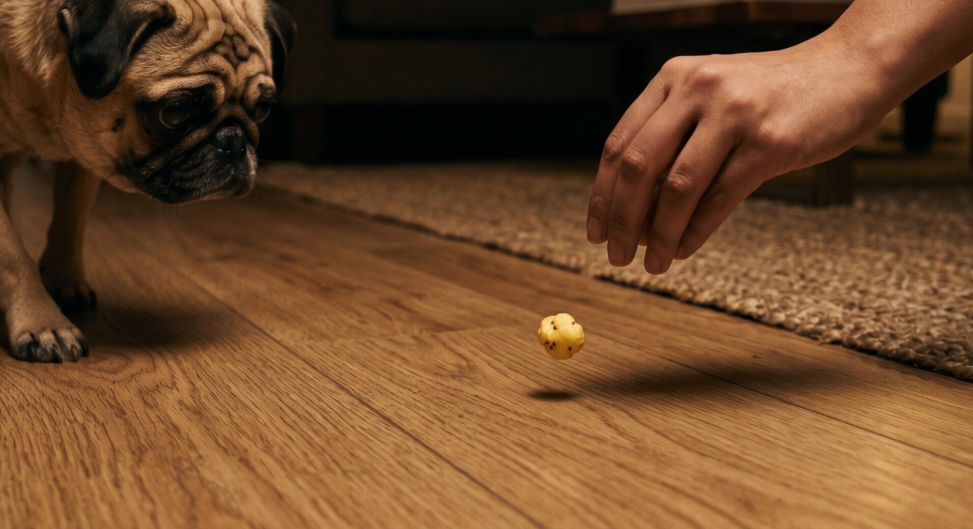 Parent’s hand placing a small late-evening bite into a low bowl in warm lamplight on a wooden floor, with a small dog visible at the edge of the frame — the bedtime-snack reset.
