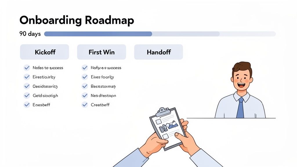 An onboarding roadmap showing a 90-day timeline with kickoff, first win, and handoff stages.