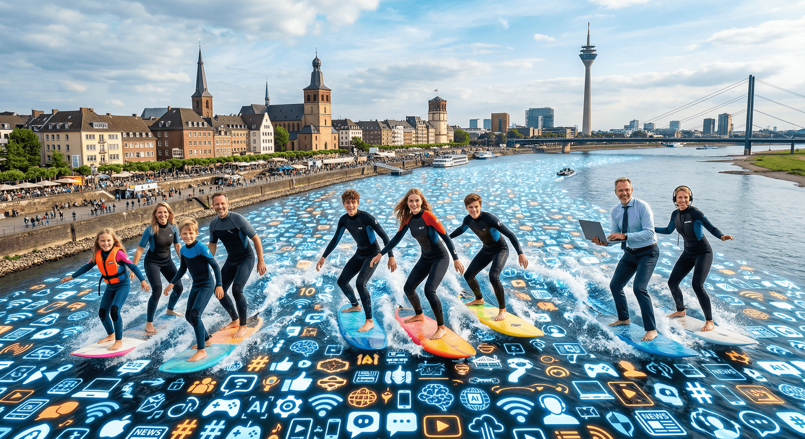 surfer auf medienwasser im rhein