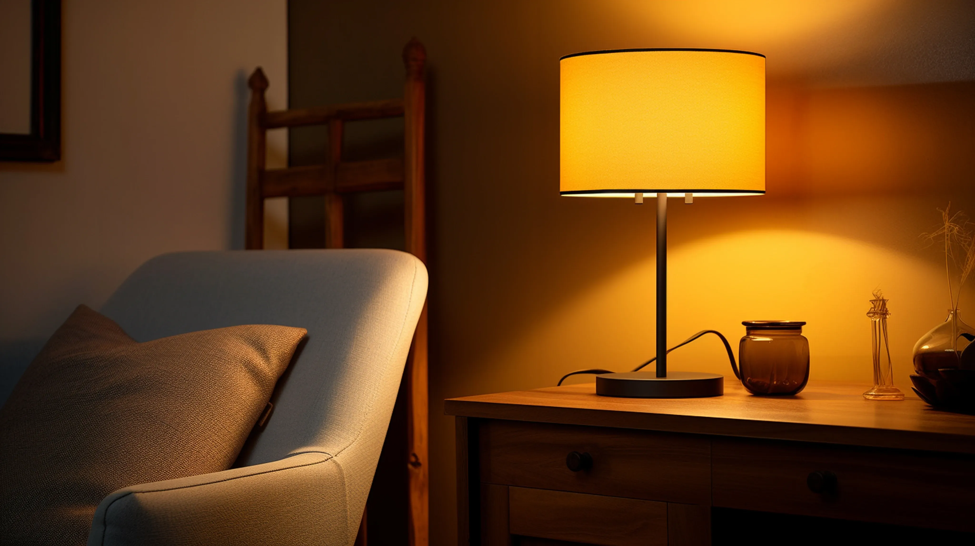Warmly lit bedroom desk corner featuring a classic floor lamp and soft ambient light.
