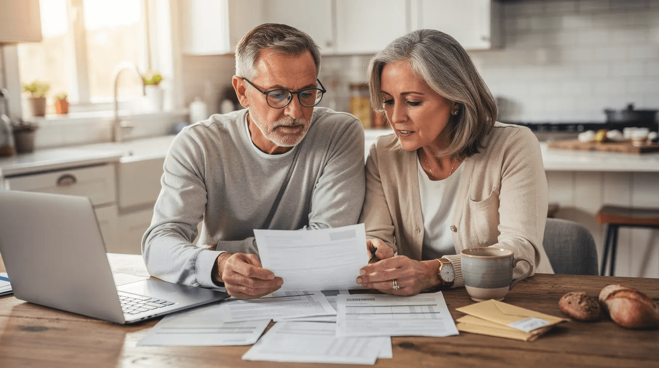 A mature couple is seated at their kitchen table, reviewing financial documents together, reflecting on their personal goals and core values. This moment highlights their intention to create a clear mission statement that will guide their decision-making and support their future well-being and success.