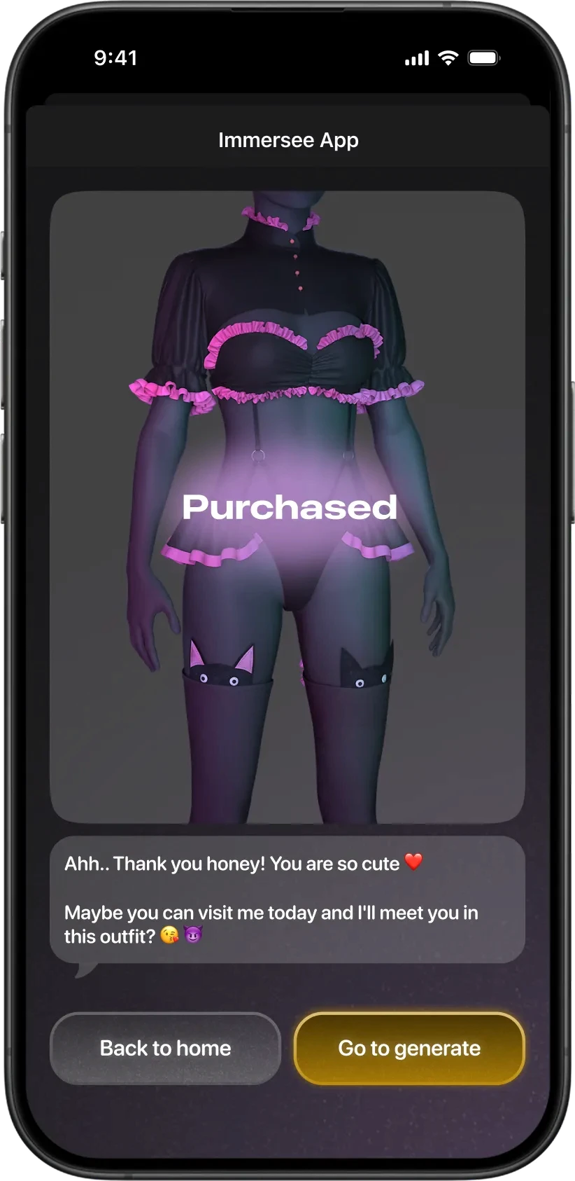 Purchased outfit confirmation screen in Immersee, a Telegram mini app with an AI companion, showing a character preview, message bubble, and action buttons.