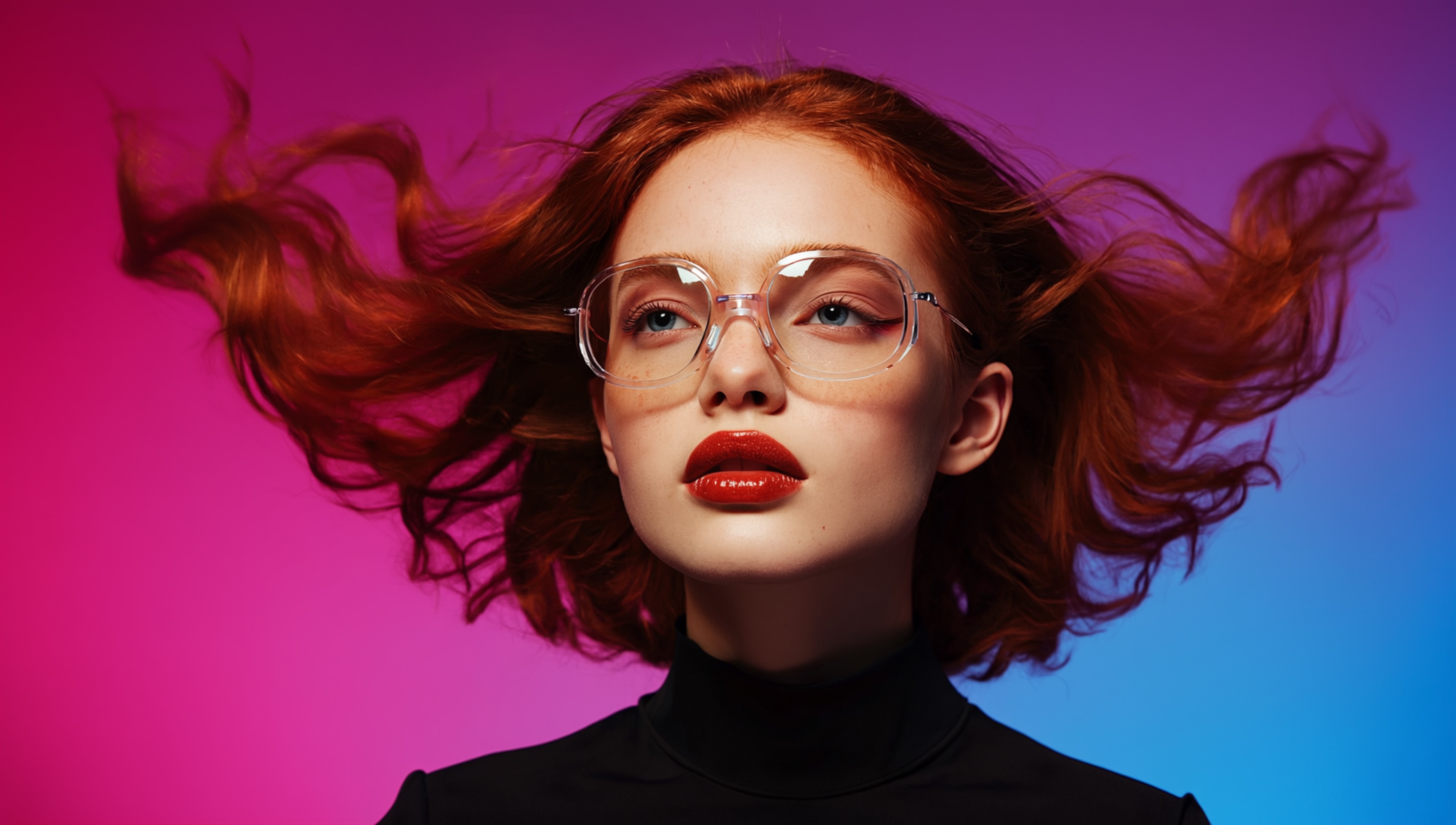 Creative portrait of red-haired woman in clear glasses, vibrant neon background, artistic AI fashion photography