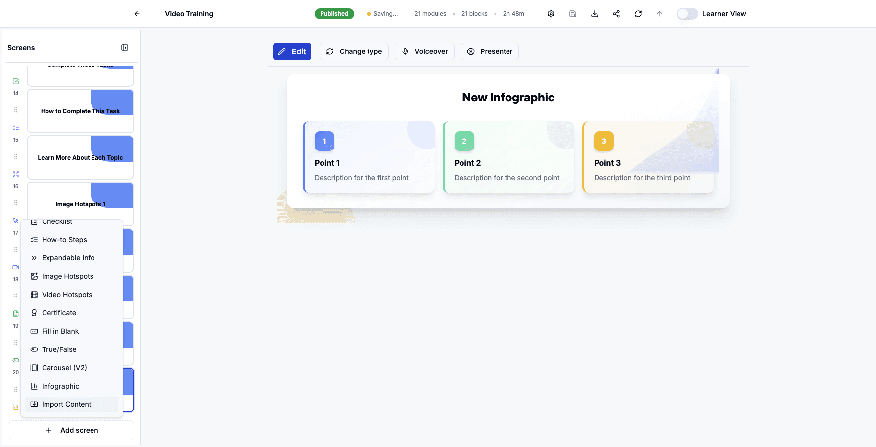 Select Import Content to bring in training material from external sources like PDFs or web pages.