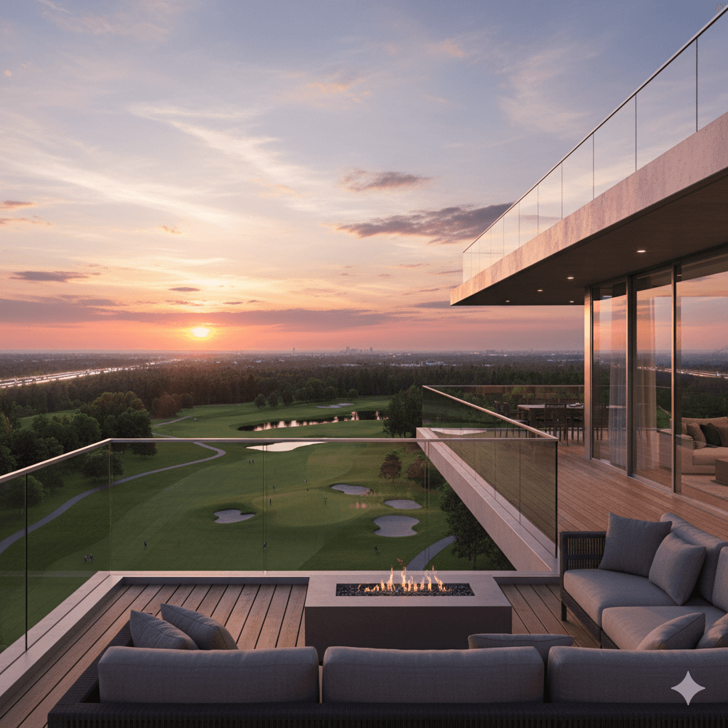 Panoramic golf course view from high-floor M3M 105 balcony, Noida luxury residential