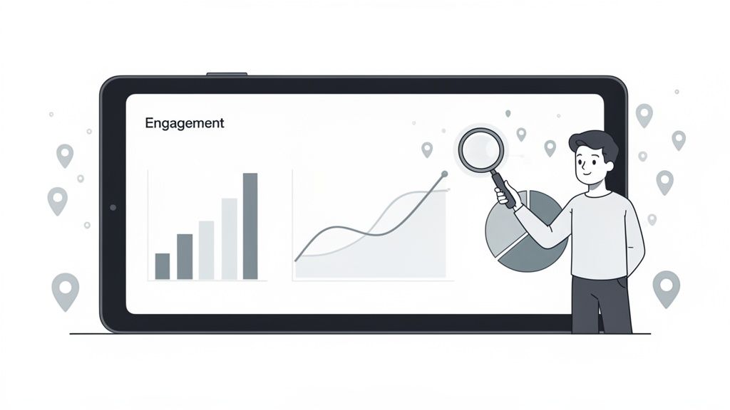 Illustration of a man analyzing engagement metrics on a tablet with charts and location pins.