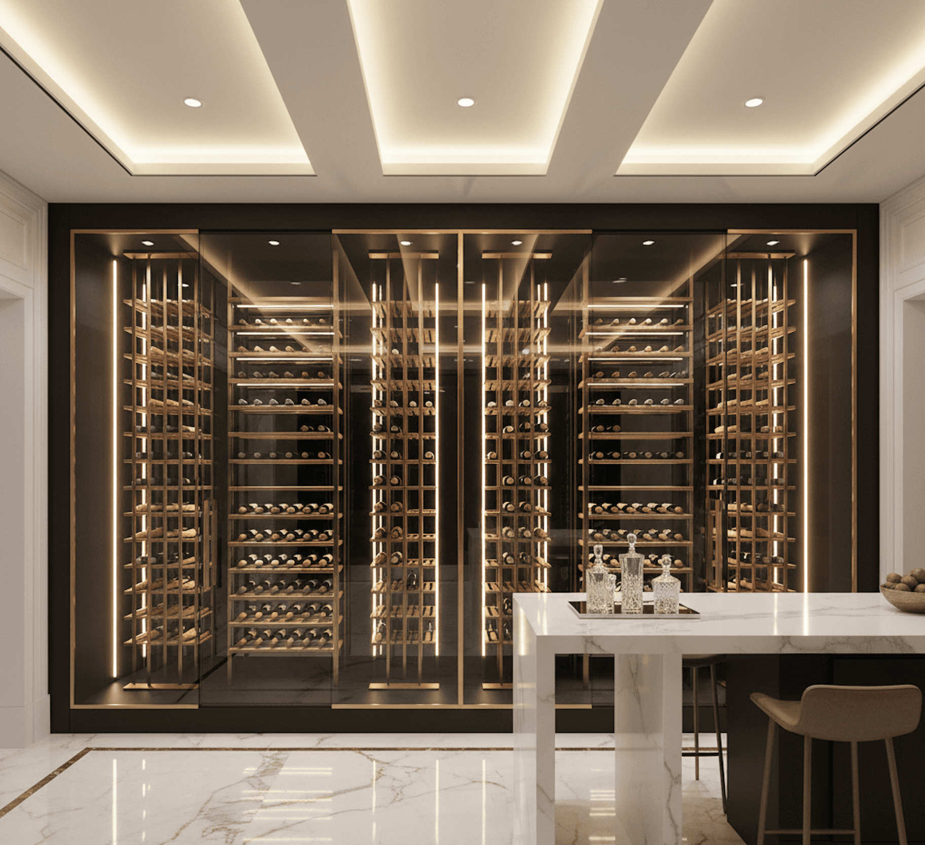 black steel framed insulated glass wine wall with marble floor and gold wine racks inside residential home