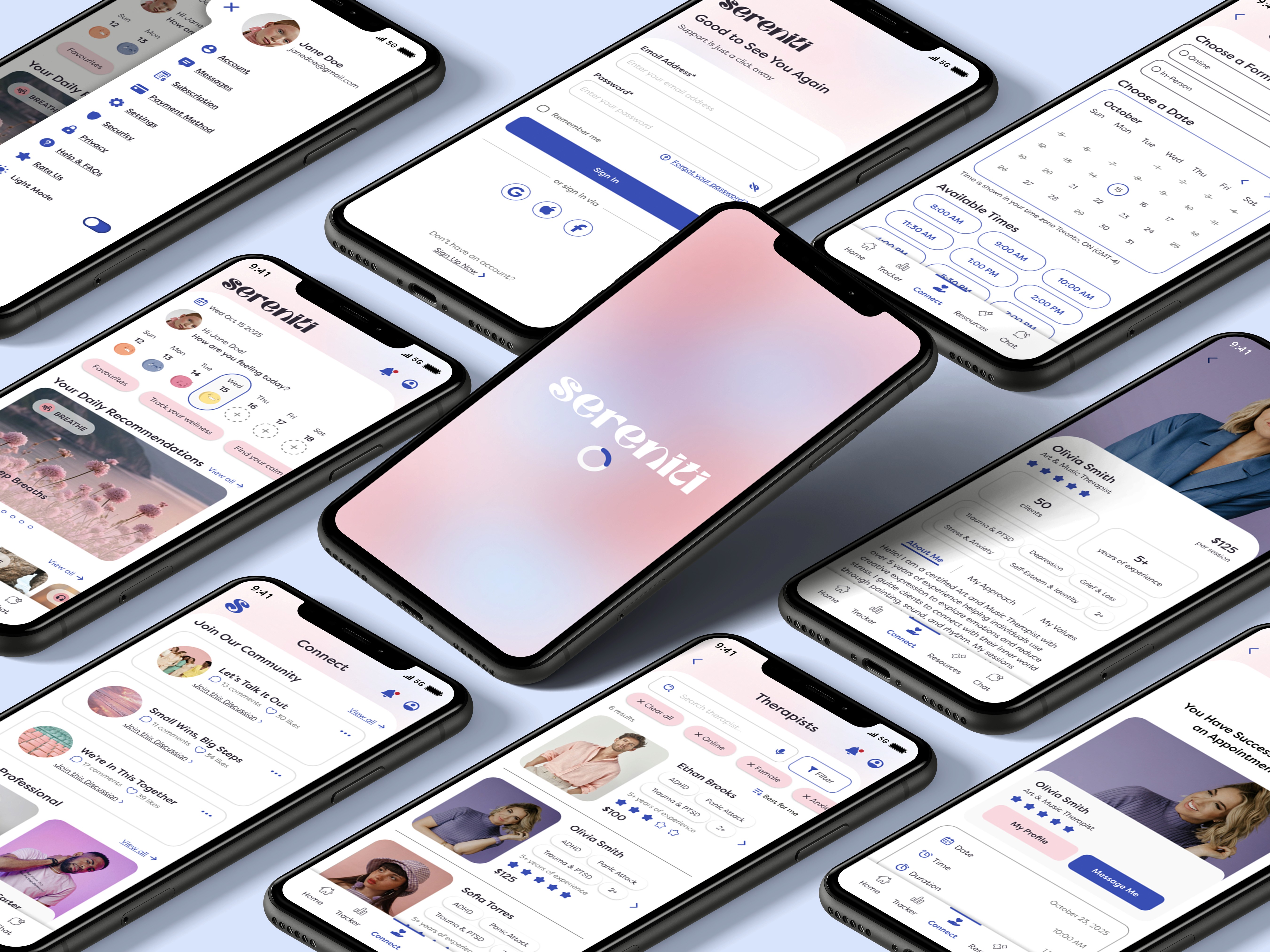 Mockup with multiple screens of the mental health app design project.