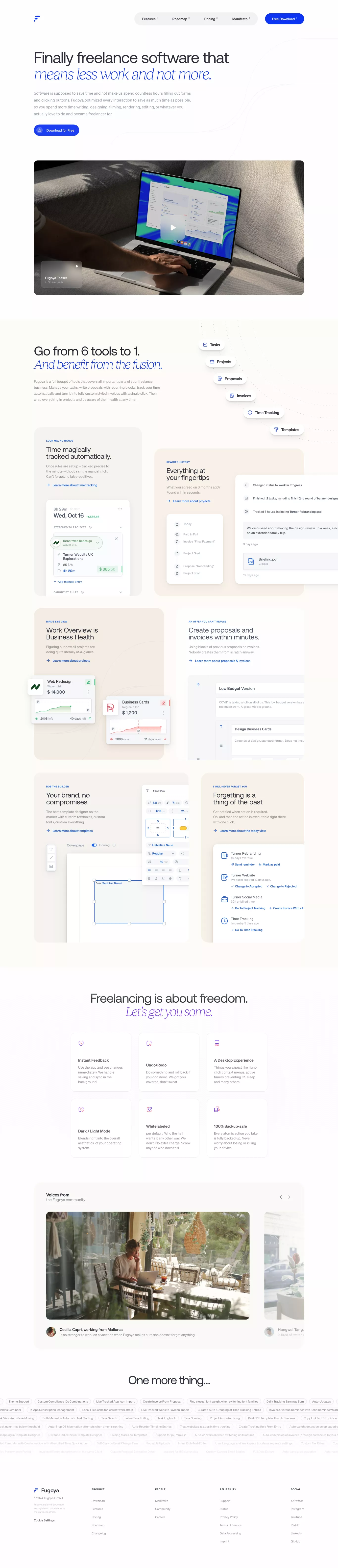 Fugoya - Polished productivity software landing page screenshot showcasing Tech and Finance design