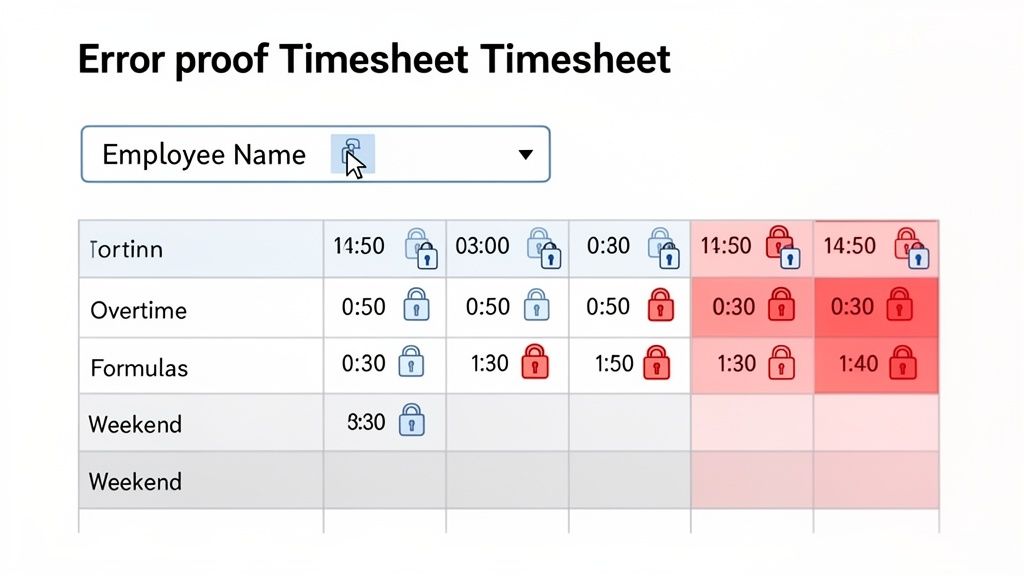 An error-proof timesheet in a spreadsheet, displaying employee hours, overtime, and formulas with locked and highlighted cells.