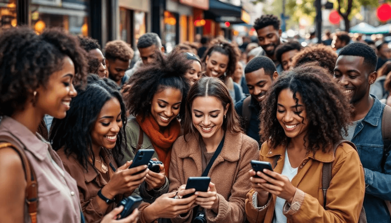 A diverse group of people is engaged in content creation, using smartphones and cameras to capture moments for social media platforms. They represent various backgrounds, highlighting the importance of user generated content (UGC) in marketing campaigns and the growing influence of social media users in shaping brand loyalty and community engagement.