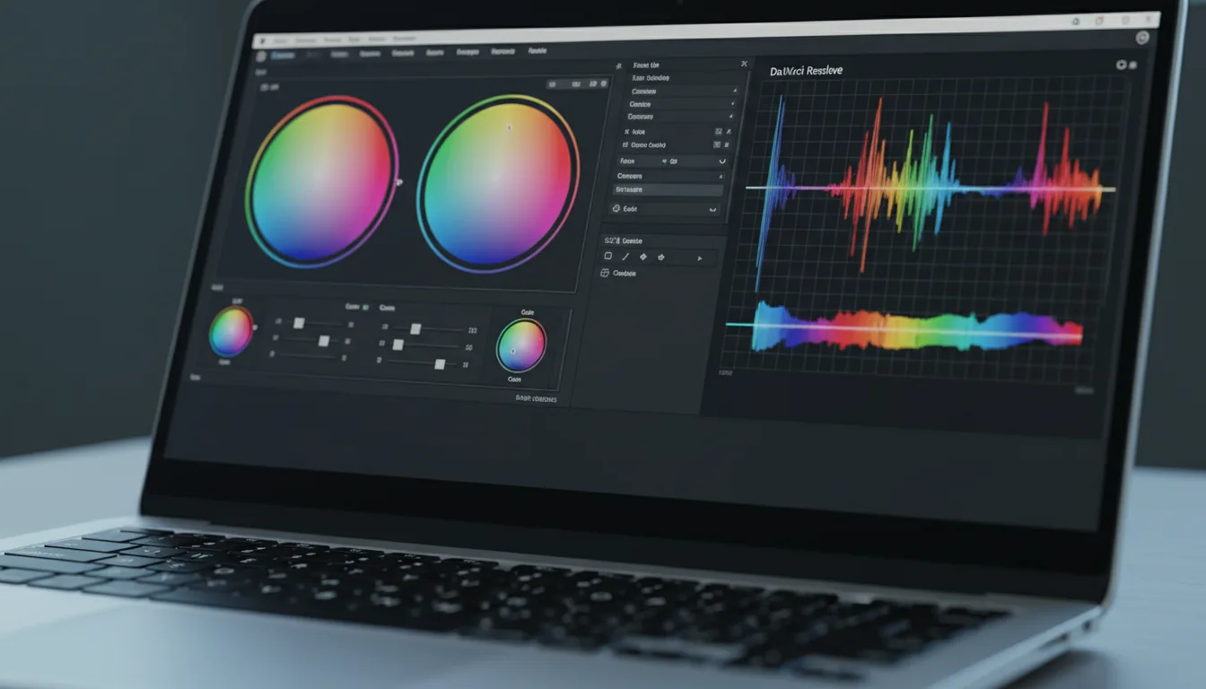 DSLR close-up photograph, sharp angled view of a modern laptop screen displaying the DaVinci Resolve color grading interface. The focus is on the software's modern dark mode UI, showing vibrant circular color wheels and a complex RGB waveform graph. Shot with a shallow depth of field, the silver laptop body and a portion of the black keyboard are softly blurred in the foreground. Soft ambient light from the screen itself illuminates the scene.