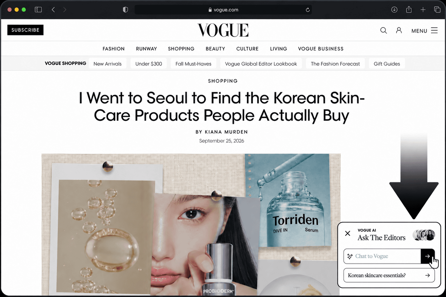 Vogue article page with CreatorChat launcher ready for the reader to open the on-site AI chat