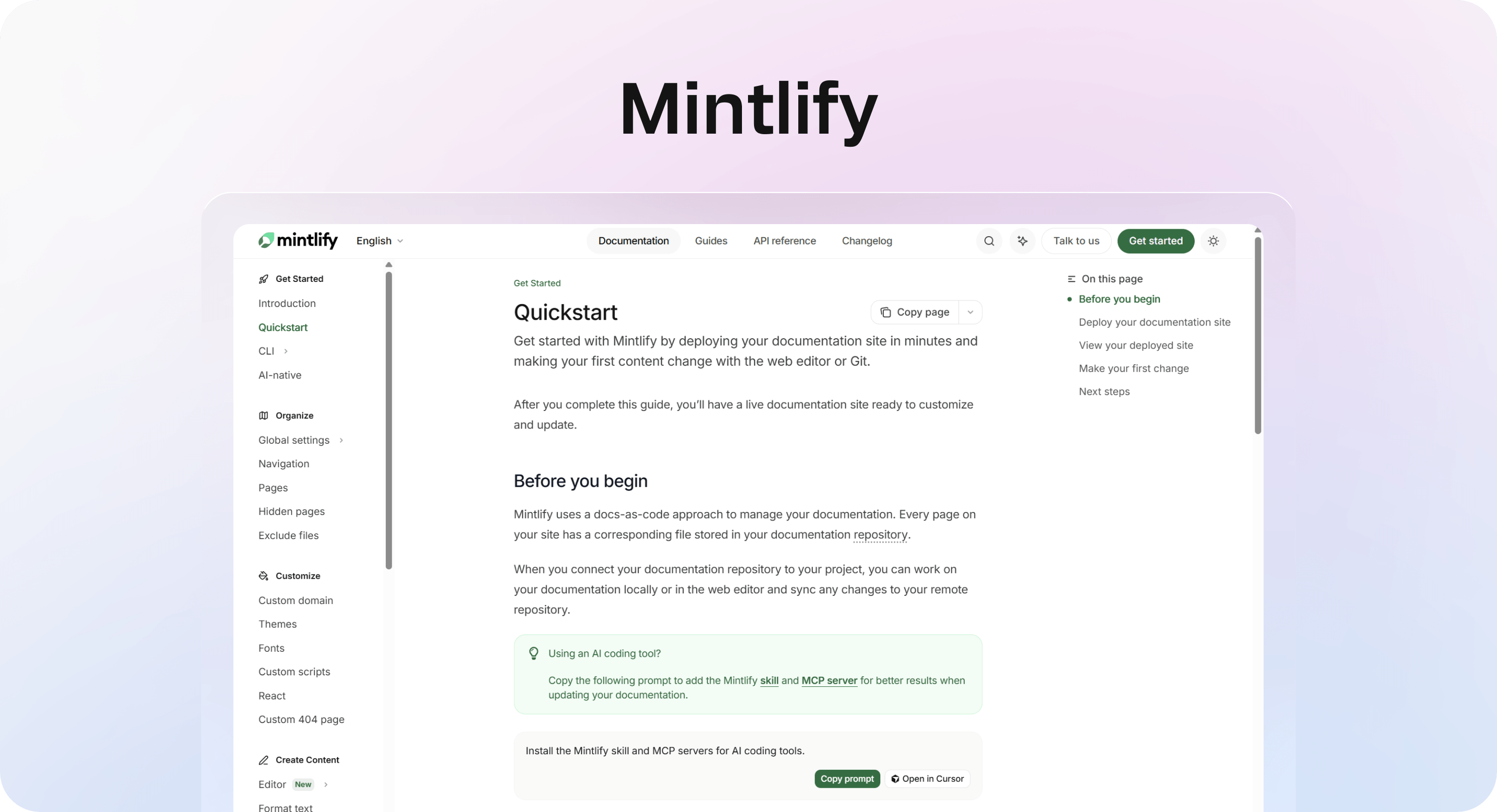 Mintlify documentation page showing a clean developer docs layout with sidebar navigation, article content, and table of contents.