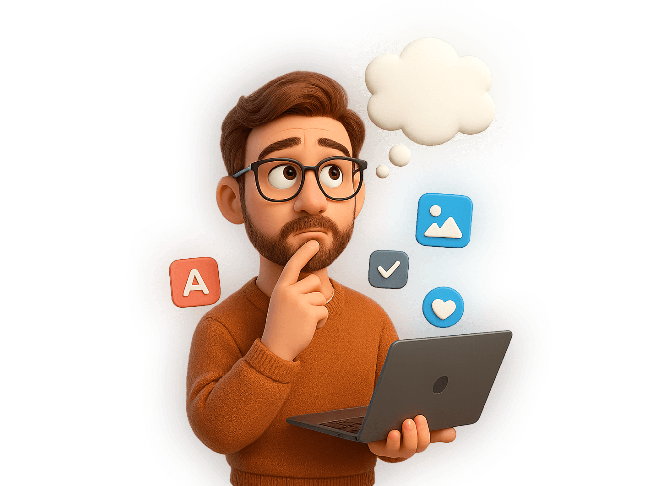Animated character with glasses and beard holding a laptop, looking thoughtful with floating icons and a thought bubble around them.