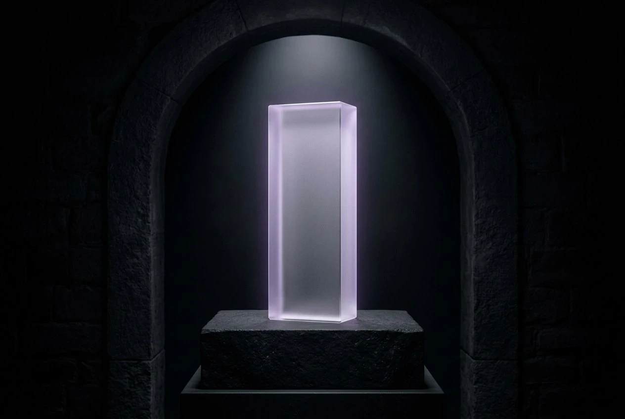 Glowing glass trophy on a plinth in a dark arched niche
