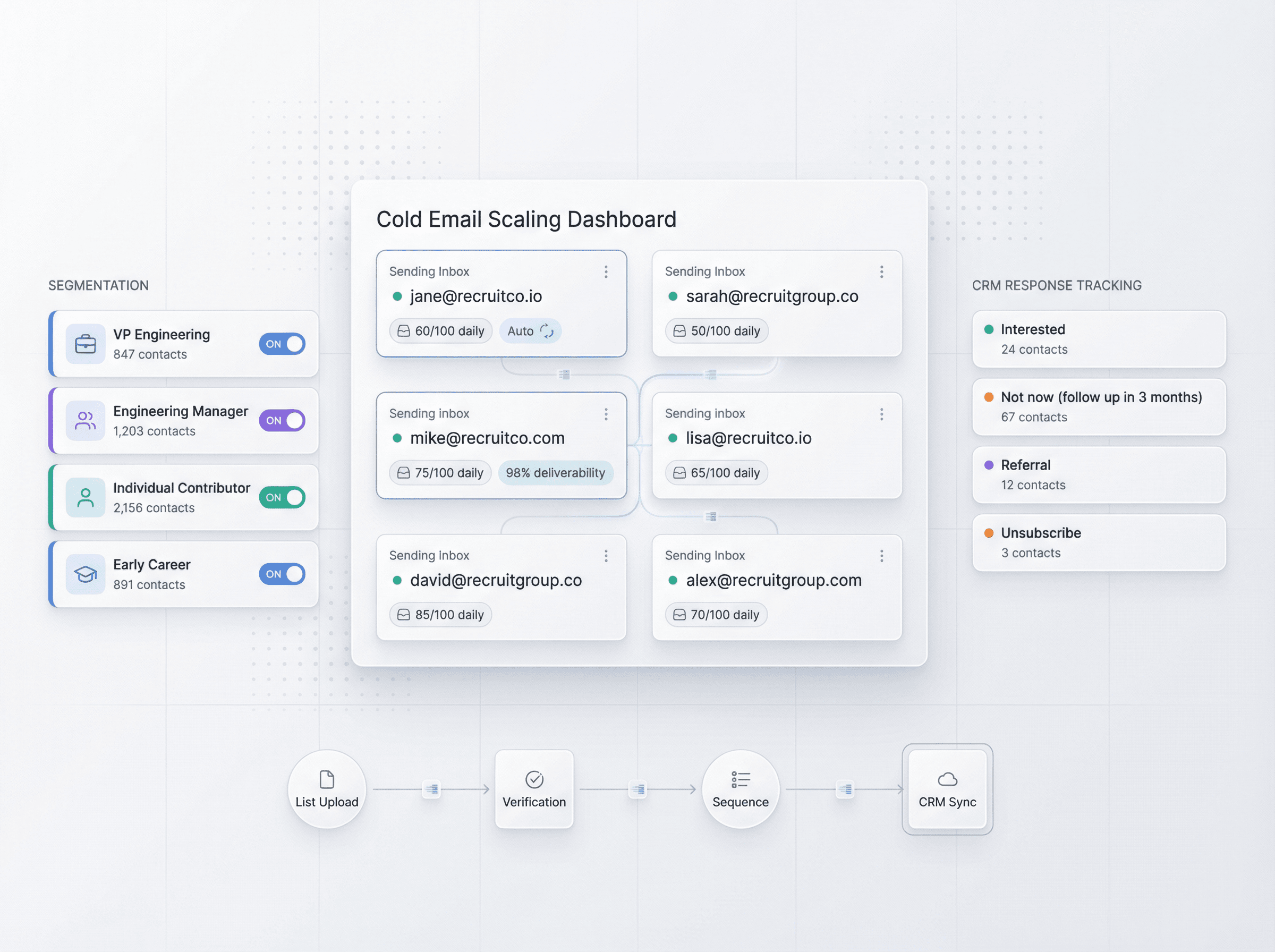 Modern dashboard interface showing distributed email infrastructure with multiple inboxes, segmentation controls, and CRM integration