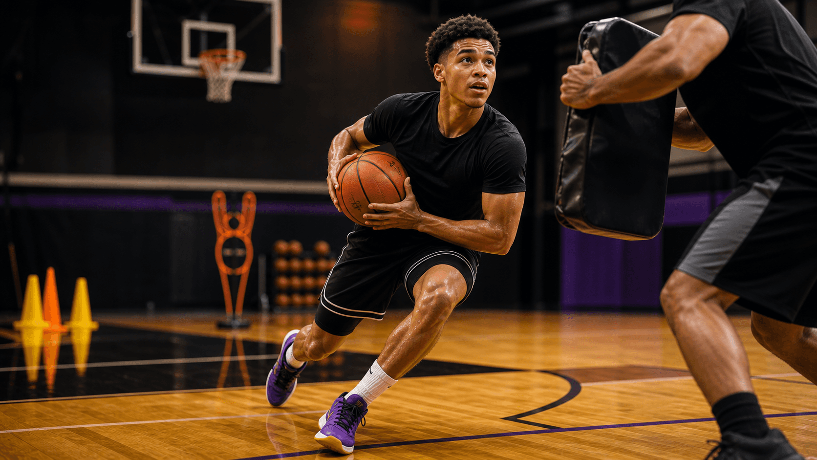 Basketball guard protecting the ball during an advanced finishing drill