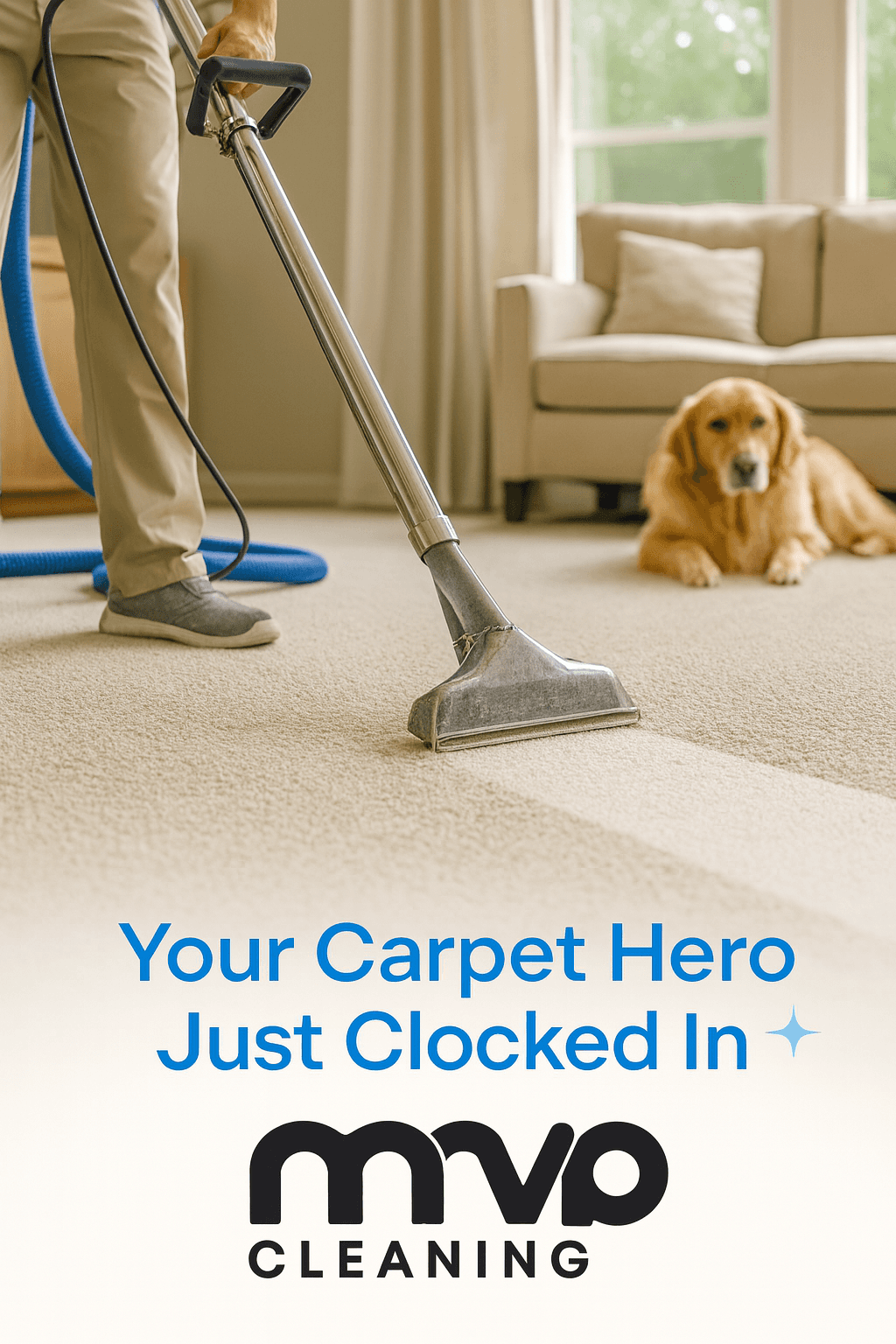 A carpet extractor pulling out dirt from a living room carpet, golden retriever in the background