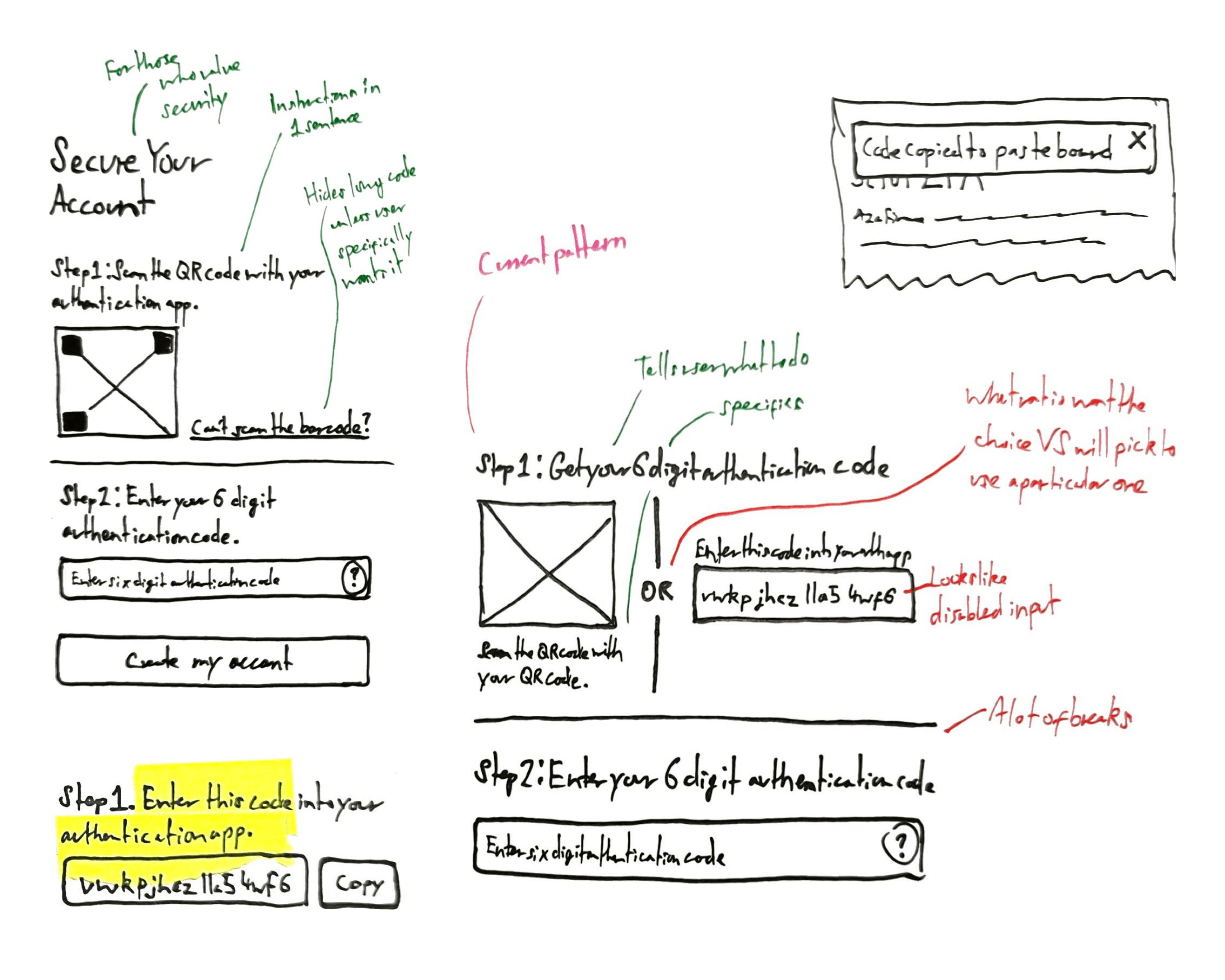 Sketches of how people could set up 2-factor authentication on an authentication app.