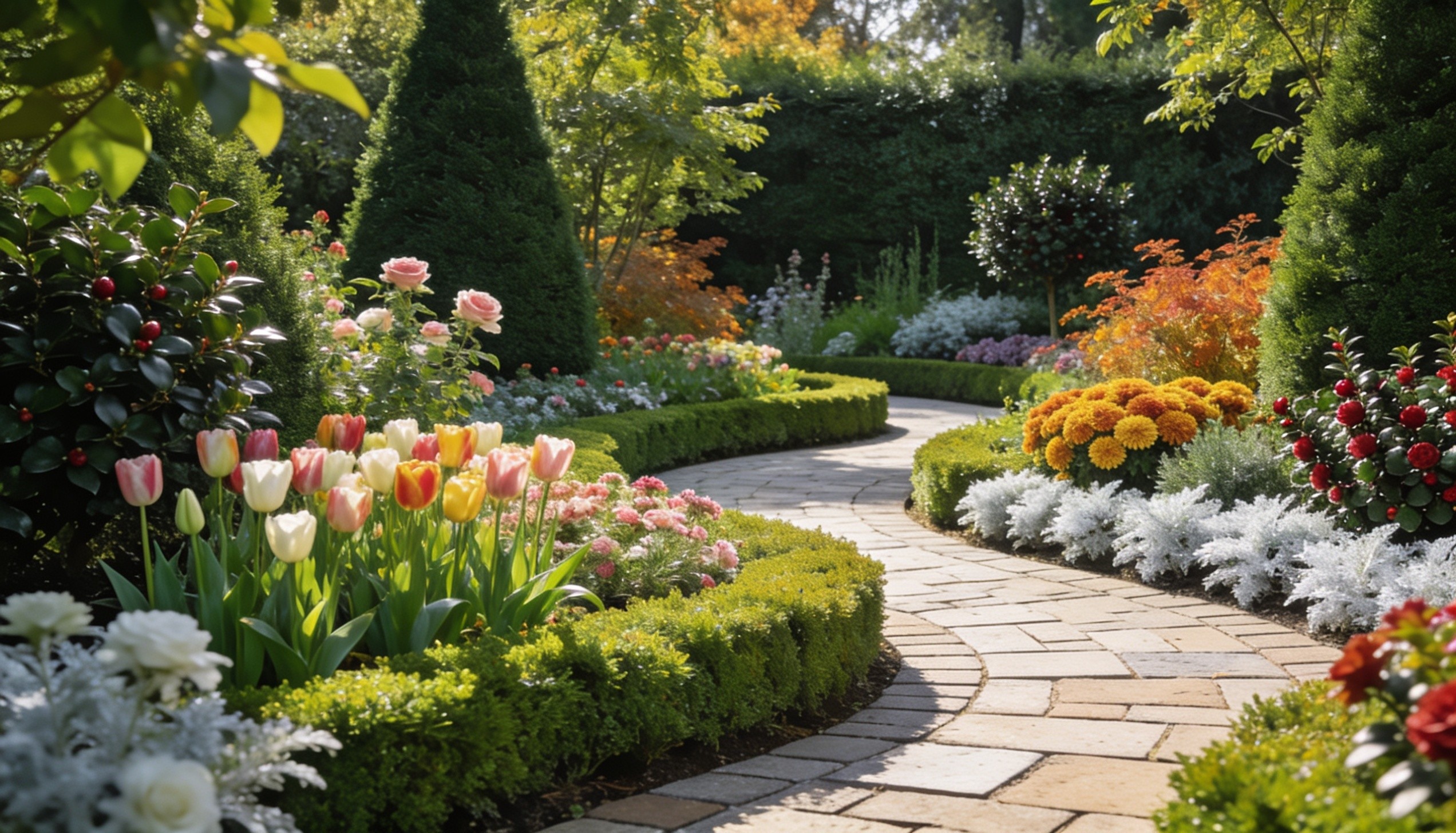 A structured garden with evergreen shrubs and perennial borders designed to look beautiful in every season.