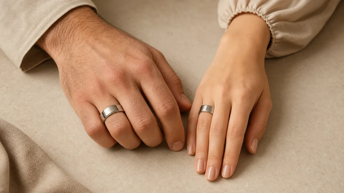 Men's and women's hands wearing modern smart tasbih rings on a warm neutral surface