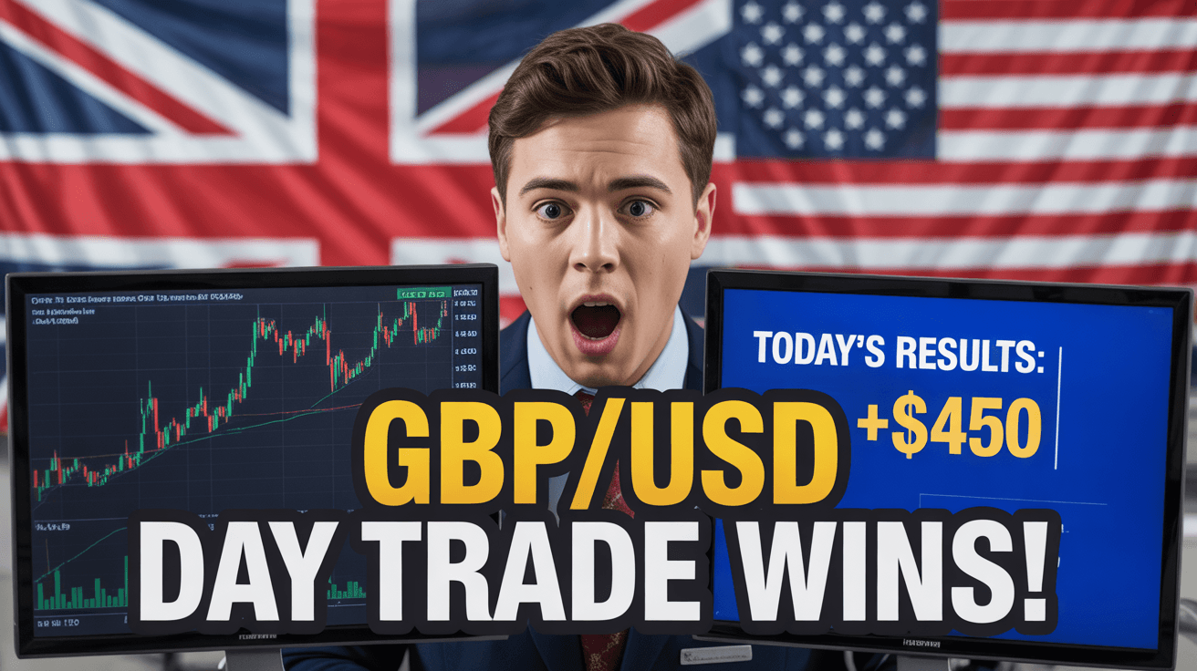 Excited trader with GBPUSD chart and plus 450 results headline